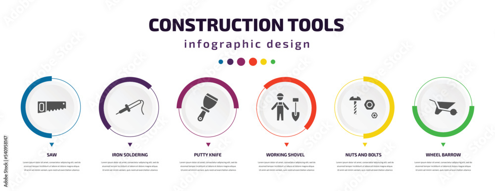 construction tools infographic element with icons and 6 step or option. construction tools icons such as saw, iron soldering, putty knife, working shovel, nuts and bolts, wheel barrow vector. can be construction tools infographic element with icons and 6 step or option. construction tools icons such as saw, iron soldering, putty knife, working shovel, nuts and bolts, wheel barrow vector. can be