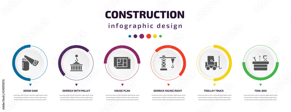 construction infographic element with icons and 6 step or option. construction icons such as wood saw, derrick with pallet, house plan, derrick facing right, trolley truck, tool box vector. can be construction infographic element with icons and 6 step or option. construction icons such as wood saw, derrick with pallet, house plan, derrick facing right, trolley truck, tool box vector. can be