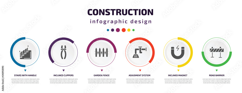 construction infographic element with icons and 6 step or option. construction icons such as stairs with handle, inclined clippers, garden fence, adjusment system, inclined magnet, road barrier
