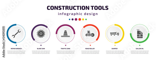 construction tools infographic element with icons and 6 step or option. construction tools icons such as repair wrench, blade saw, traffic cone, road roller, dumper, gallon oil vector. can be used