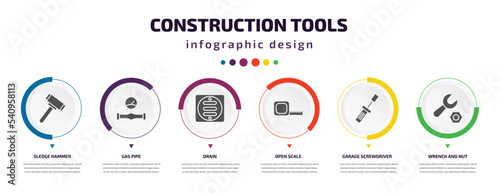 construction tools infographic element with icons and 6 step or option. construction tools icons such as sledge hammer, gas pipe, drain, open scale, garage screwdriver, wrench and nut vector. can be