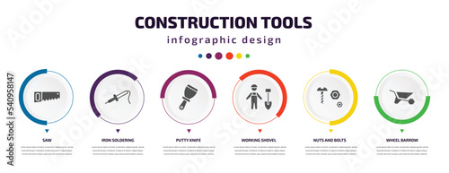 construction tools infographic element with icons and 6 step or option. construction tools icons such as saw, iron soldering, putty knife, working shovel, nuts and bolts, wheel barrow vector. can be