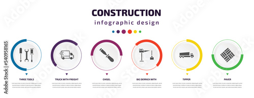 construction infographic element with icons and 6 step or option. construction icons such as three tools, truck with freight, chisel, big derrick with boxes, tipper, paver vector. can be used for