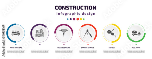 construction infographic element with icons and 6 step or option. construction icons such as truck with load, , pickaxes drilling, drawing compass, grinder, fuel truck vector. can be used for