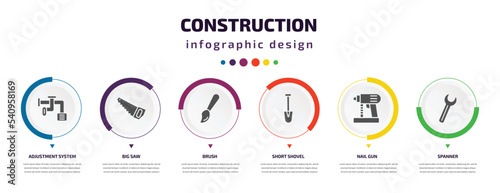 construction infographic element with icons and 6 step or option. construction icons such as adjustment system, big saw, brush, short shovel, nail gun, spanner vector. can be used for banner, info