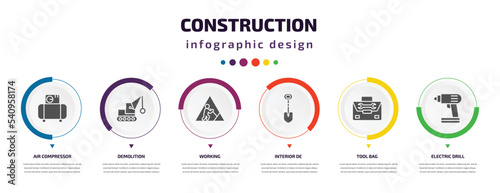 construction infographic element with icons and 6 step or option. construction icons such as air compressor, demolition, working, interior de, tool bag, electric drill vector. can be used for