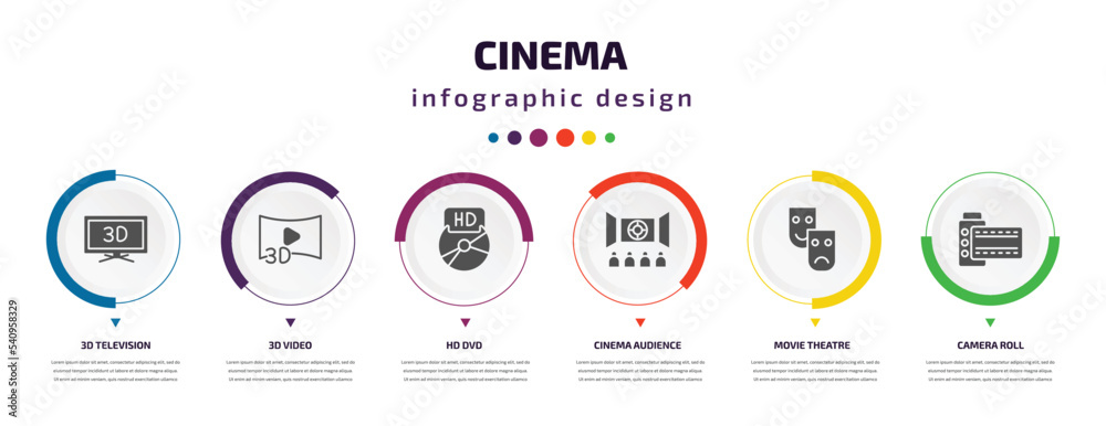cinema infographic element with icons and 6 step or option. cinema icons such as 3d television, 3d video, hd dvd, cinema audience, movie theatre, camera roll vector. can be used for banner, info cinema infographic element with icons and 6 step or option. cinema icons such as 3d television, 3d video, hd dvd, cinema audience, movie theatre, camera roll vector. can be used for banner, info