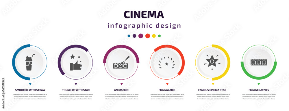 cinema infographic element with icons and 6 step or option. cinema icons such as smoothie with straw, thumb up with star, animation, film award, famous cinema star, film negatives vector. can be cinema infographic element with icons and 6 step or option. cinema icons such as smoothie with straw, thumb up with star, animation, film award, famous cinema star, film negatives vector. can be