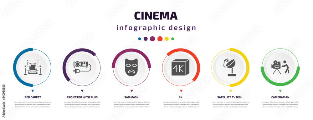 cinema infographic element with icons and 6 step or option. cinema icons such as red carpet, projector with plug, sad mask, 4k, satellite tv dish, cameraman vector. can be used for banner, info cinema infographic element with icons and 6 step or option. cinema icons such as red carpet, projector with plug, sad mask, 4k, satellite tv dish, cameraman vector. can be used for banner, info