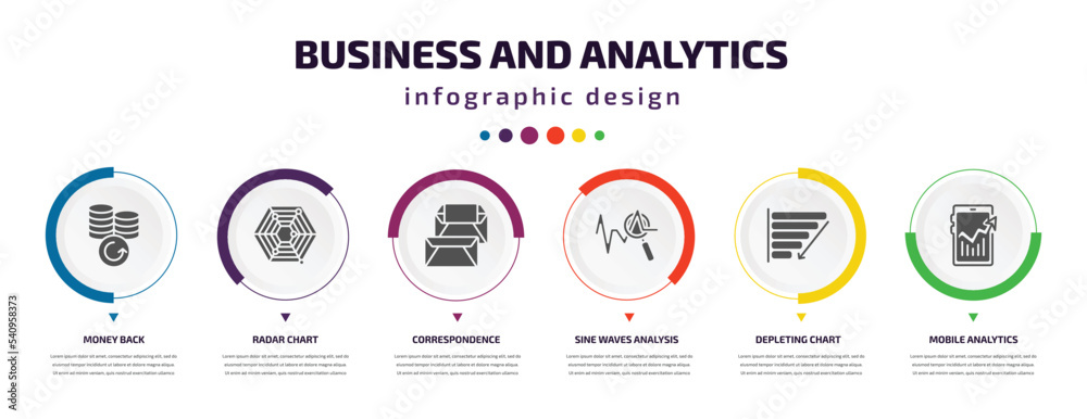 business and analytics infographic element with icons and 6 step or option. business and analytics icons such as money back, radar chart, correspondence, sine waves analysis, depleting chart, mobile business and analytics infographic element with icons and 6 step or option. business and analytics icons such as money back, radar chart, correspondence, sine waves analysis, depleting chart, mobile