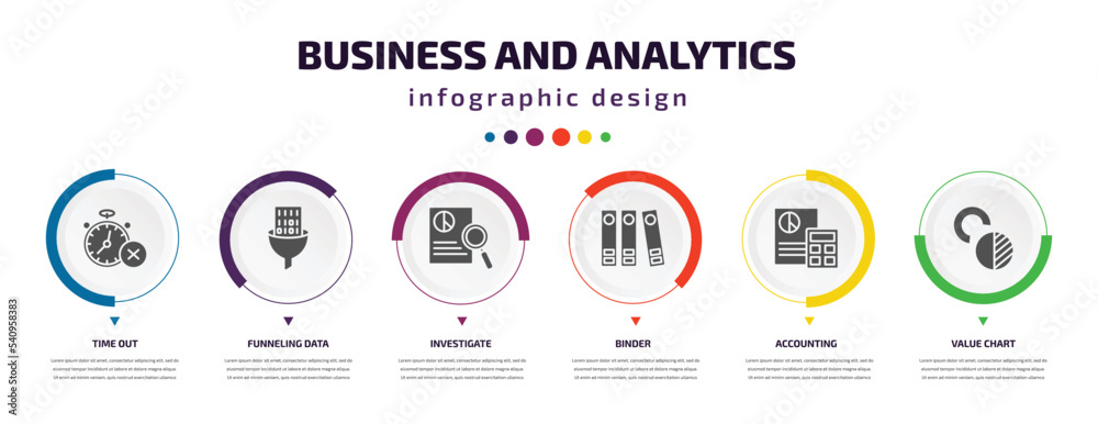 business and analytics infographic element with icons and 6 step or option. business and analytics icons such as time out, funneling data, investigate, binder, accounting, value chart vector. can be business and analytics infographic element with icons and 6 step or option. business and analytics icons such as time out, funneling data, investigate, binder, accounting, value chart vector. can be