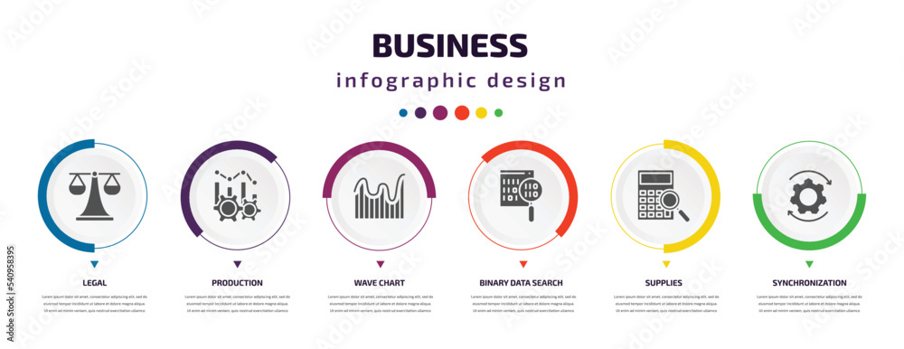 business infographic element with icons and 6 step or option. business icons such as legal, production, wave chart, binary data search, supplies, synchronization vector. can be used for banner, info business infographic element with icons and 6 step or option. business icons such as legal, production, wave chart, binary data search, supplies, synchronization vector. can be used for banner, info