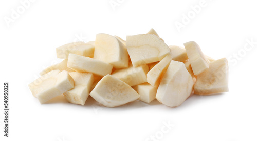 Pile of cut fresh parsnip on white background