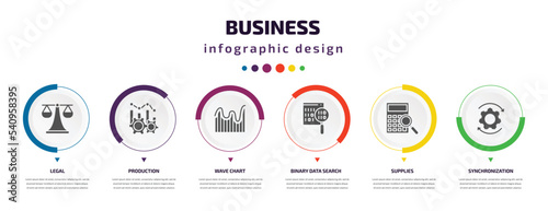 business infographic element with icons and 6 step or option. business icons such as legal, production, wave chart, binary data search, supplies, synchronization vector. can be used for banner, info