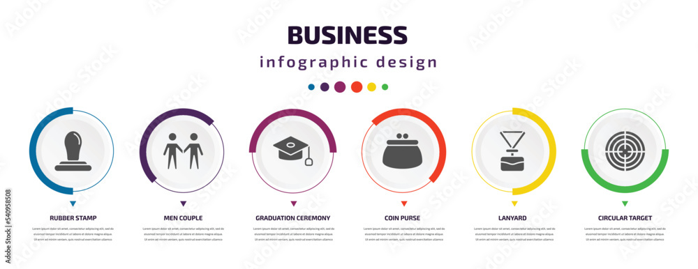 business infographic element with icons and 6 step or option. business icons such as rubber stamp, men couple, graduation ceremony, coin purse, lanyard, circular target vector. can be used for business infographic element with icons and 6 step or option. business icons such as rubber stamp, men couple, graduation ceremony, coin purse, lanyard, circular target vector. can be used for