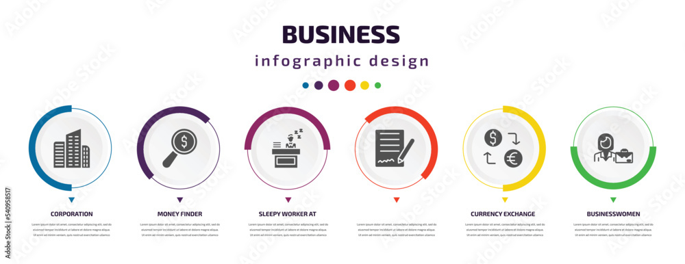 business infographic element with icons and 6 step or option. business icons such as corporation, money finder, sleepy worker at work, , currency exchange, businesswomen vector. can be used for business infographic element with icons and 6 step or option. business icons such as corporation, money finder, sleepy worker at work, , currency exchange, businesswomen vector. can be used for