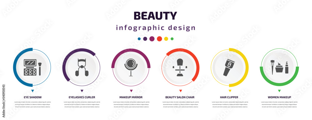 beauty infographic element with icons and 6 step or option. beauty icons such as eye shadow, eyelashes curler, makeup mirror, beauty salon chair, hair clipper, women makeup vector. can be used for beauty infographic element with icons and 6 step or option. beauty icons such as eye shadow, eyelashes curler, makeup mirror, beauty salon chair, hair clipper, women makeup vector. can be used for
