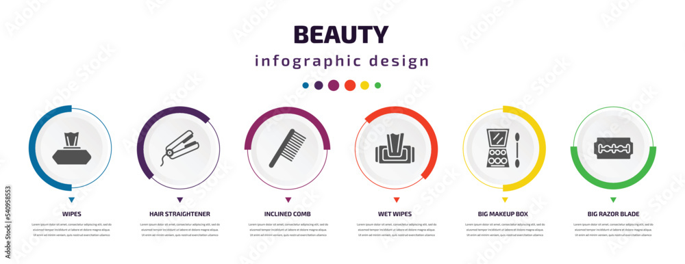 beauty infographic element with icons and 6 step or option. beauty icons such as wipes, hair straightener, inclined comb, wet wipes, big makeup box, big razor blade vector. can be used for banner, beauty infographic element with icons and 6 step or option. beauty icons such as wipes, hair straightener, inclined comb, wet wipes, big makeup box, big razor blade vector. can be used for banner,