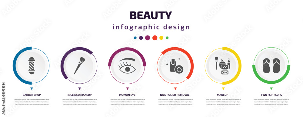 beauty infographic element with icons and 6 step or option. beauty icons such as barber shop, inclined makeup brush, woman eye, nail polish removal, makeup, two flip flops vector. can be used for beauty infographic element with icons and 6 step or option. beauty icons such as barber shop, inclined makeup brush, woman eye, nail polish removal, makeup, two flip flops vector. can be used for