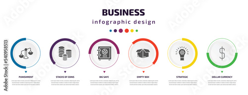 business infographic element with icons and 6 step or option. business icons such as punishment, stacks of coins, big safe, empty box, strategic, dollar currency vector. can be used for banner, info