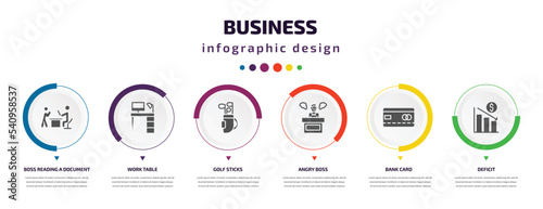 business infographic element with icons and 6 step or option. business icons such as boss reading a document, work table, golf sticks, angry boss, bank card, deficit vector. can be used for banner,