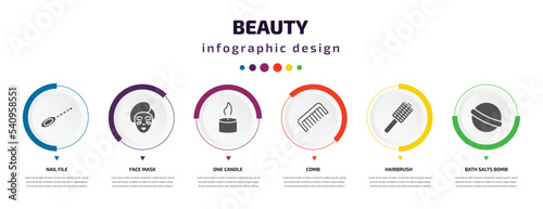 beauty infographic element with icons and 6 step or option. beauty icons such as nail file, face mask, one candle, comb, hairbrush, bath salts bomb vector. can be used for banner, info graph, web,