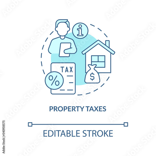 Property taxes turquoise concept icon. Local payment. Best neighborhoods abstract idea thin line illustration. Isolated outline drawing. Editable stroke. Arial, Myriad Pro-Bold fonts used