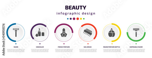 beauty infographic element with icons and 6 step or option. beauty icons such as razor, concealer, french perfume, nail brush, round perfume bottle, disposable razor vector. can be used for banner,