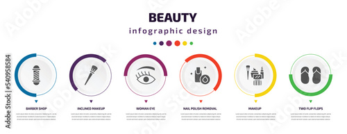 beauty infographic element with icons and 6 step or option. beauty icons such as barber shop, inclined makeup brush, woman eye, nail polish removal, makeup, two flip flops vector. can be used for