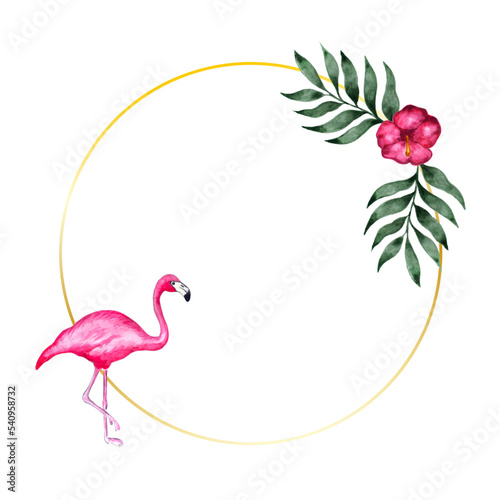 Gold frame with green watercolor tropical palm leaves and exotic flamingo illustration. Luxury template element for wedding design, greeting cards and crafting, place for text