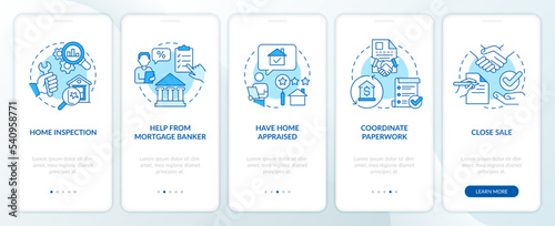 First time homebuying blue onboarding mobile app screen. Buy house walkthrough 5 steps editable graphic instructions with linear concepts. UI, UX, GUI template. Myriad Pro-Bold, Regular fonts used