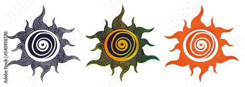 Tribal grunge sun set. Colorful trendy vector set. Hand drawn illustration. All elements are isolated.