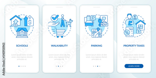 Best neighborhoods blue onboarding mobile app screen. Real estate walkthrough 4 steps editable graphic instructions with linear concepts. UI, UX, GUI template. Myriad Pro-Bold, Regular fonts used