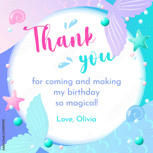 Birthday Thank you tag. Cute party favor card background decorated with of mermaid tail. Vector 10 EPS.