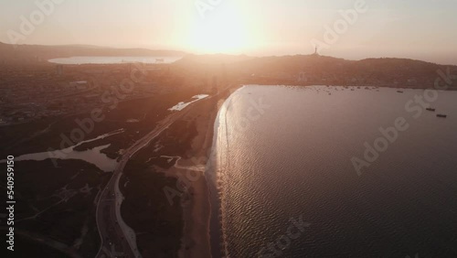 Vibrant Sunlight During Sunset Over La Serena Coastal City In Coquimbo Region, Northern Chile. Aerial Wide Shot photo