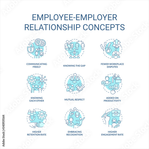 Employee employer relationship turquoise concept icons set. Relations in workplace idea thin line color illustrations. Isolated symbols. Editable stroke. Roboto-Medium, Myriad Pro-Bold fonts used