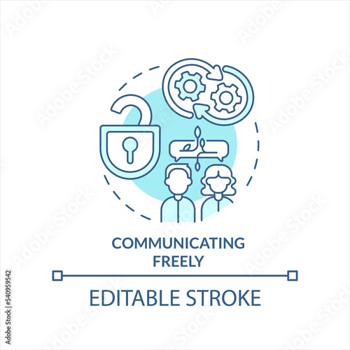 Communicating freely in workplace turquoise concept icon. Build open work relations abstract idea thin line illustration. Isolated outline drawing. Editable stroke. Arial, Myriad Pro-Bold fonts used