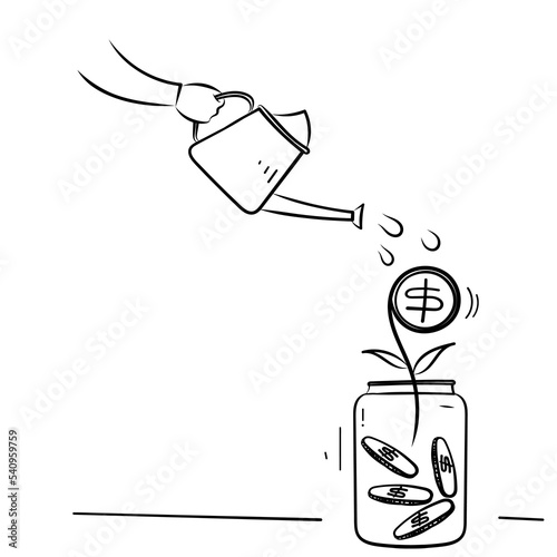 hand drawing doodle watering money tree seeds illustration