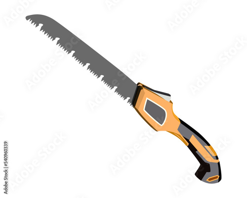 Vector Illustration Hand Pruning Folding Saw isolated. Carpentry hand tools. This saw is used to cut a wide range on the large end of wood thicknesses or trim live shrubs and trees.