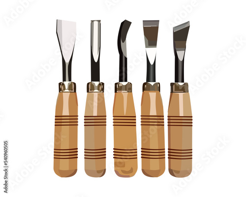 Vector Illustration Wood Carving Chisel isolated on white background. Carpentry hand tools with wooden handle