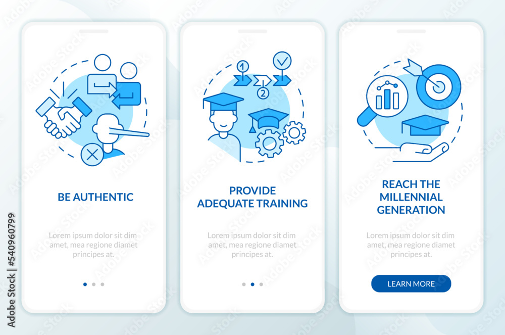Strong employer-employee relations blue onboarding mobile app screen. Walkthrough 3 steps editable graphic instructions with linear concepts. UI, UX, GUI template. Myriad Pro-Bold, Regular fonts used Strong employer-employee relations blue onboarding mobile app screen. Walkthrough 3 steps editable graphic instructions with linear concepts. UI, UX, GUI template. Myriad Pro-Bold, Regular fonts used