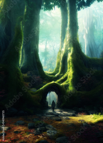 Silhouette of a person entering magical fairytale forest realm  digital illustration