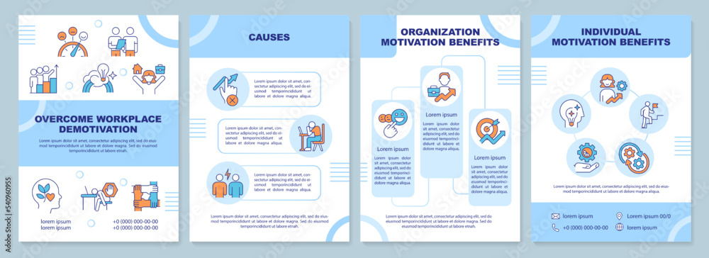 Overcome workplace demotivation blue brochure template. HR. Leaflet design with linear icons. Editable 4 vector layouts for presentation, annual reports. Arial-Black, Myriad Pro-Regular fonts used