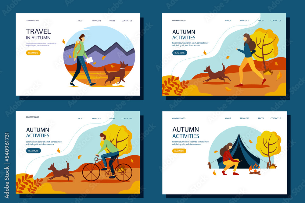 Autumn activity web banner set. The concept of an active and healthy lifestyle. illustration in flat style.