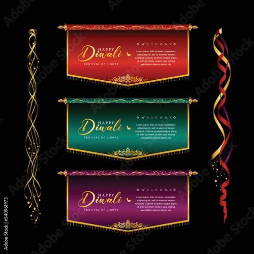 Happy Diwali festival golden scroll, Diwali holiday Background with rangoli, Diwali celebration greeting card, Diwali banner vector.