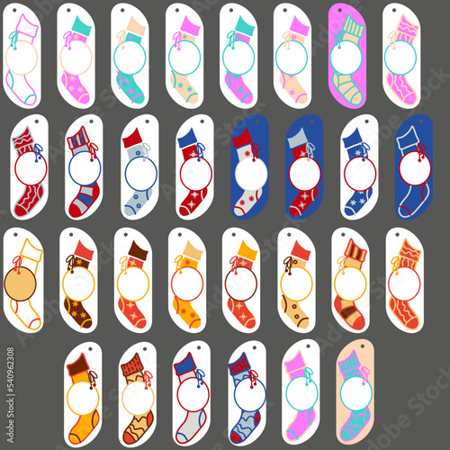 Christmas labels. Socks on a white background. Doodle drawing. Rectangular tag. Collection of Christmas price tags. Christmas templates for paper cutting.