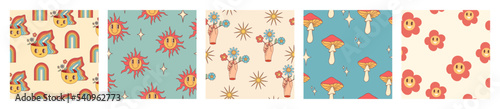 Groovy seamless patterns . Hippy retro textile design funny symbol. Set of vector backgrounds in trendy retro trippy style. Hippie 60s, 70s style.