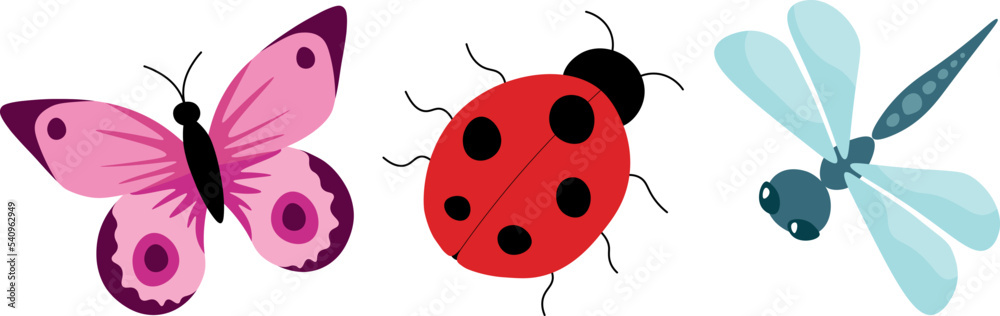 Set of vector insects isolated on a white background. Cartoon ladybug, butterfly and dragonfly for cards, stickers, logos. Set of vector insects isolated on a white background. Cartoon ladybug, butterfly and dragonfly for cards, stickers, logos.
