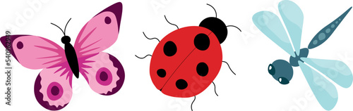 Set of vector insects isolated on a white background. Cartoon ladybug, butterfly and dragonfly for cards, stickers, logos.
