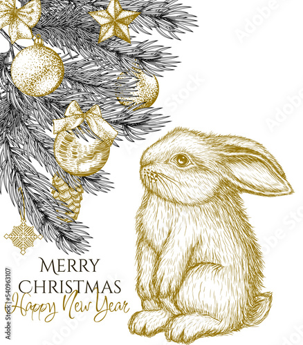Fototapeta Naklejka Na Ścianę i Meble -  Vector illustration greeting card. Bunny symbol of 2023 and decorated Christmas tree in engraving style
